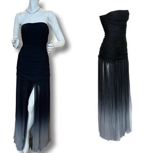 BCBG Max Azria Black Strapless Ruched Bodice Gown W/ Ombré Fringe